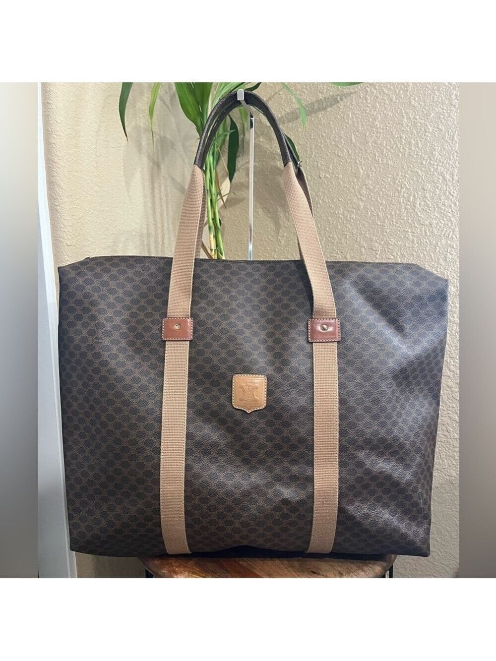 CELINE BROWN MACADAM COATED CANVAS JUMBO ZIPPERED TOTE - Picture 1 of 16